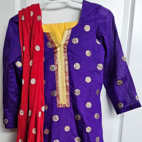 Purple custom ensemble with yellow contrast pajama, gold accents and red dupatta - Picture 2 of 4
